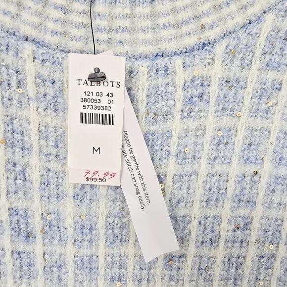 Talbots M Crewneck Sweater Sequin Plaid Blue Short Sleeve Preppy Academic NWT - Picture 8 of 12